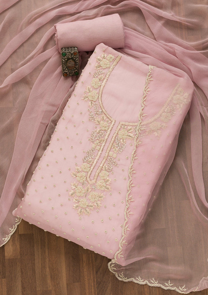 Baby Pink Sequins Organza Unstitched Salwar Kameez-Koskii