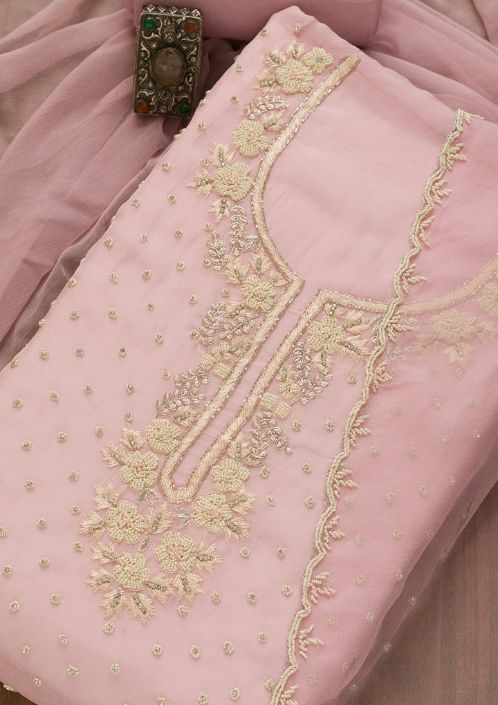 Baby Pink Sequins Organza Unstitched Salwar Kameez-Koskii