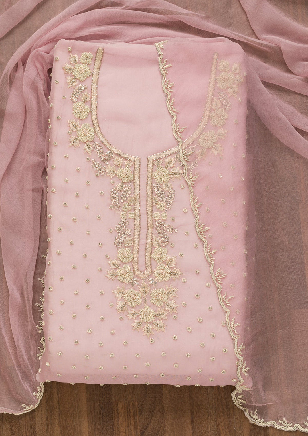 Baby Pink Sequins Organza Unstitched Salwar Kameez-Koskii