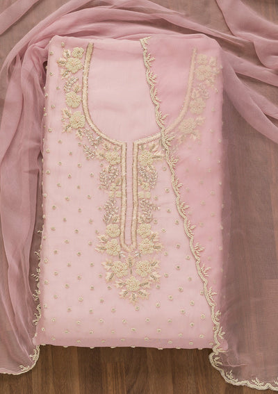Baby Pink Sequins Organza Unstitched Salwar Kameez-Koskii
