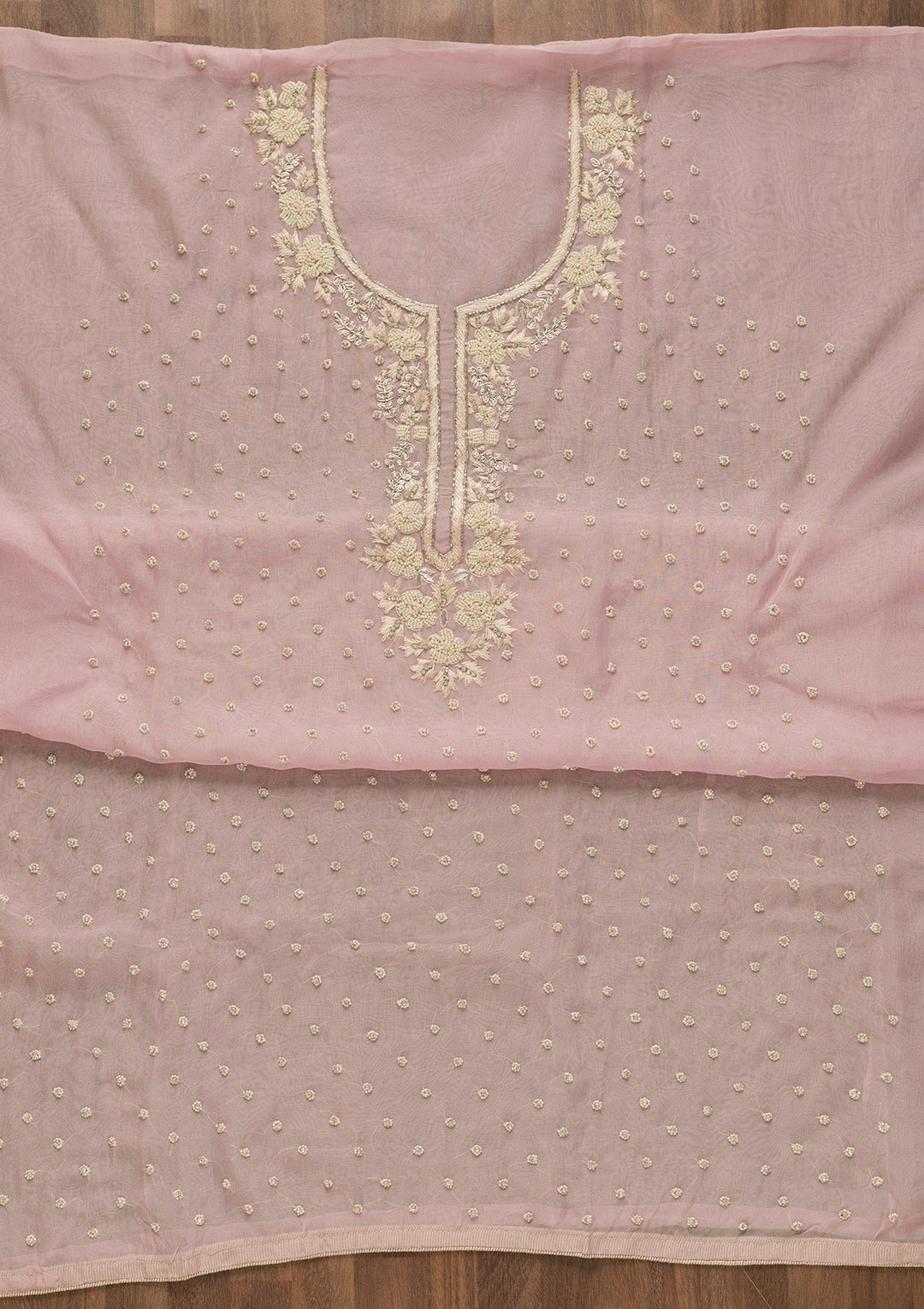 Baby Pink Sequins Organza Unstitched Salwar Kameez-Koskii
