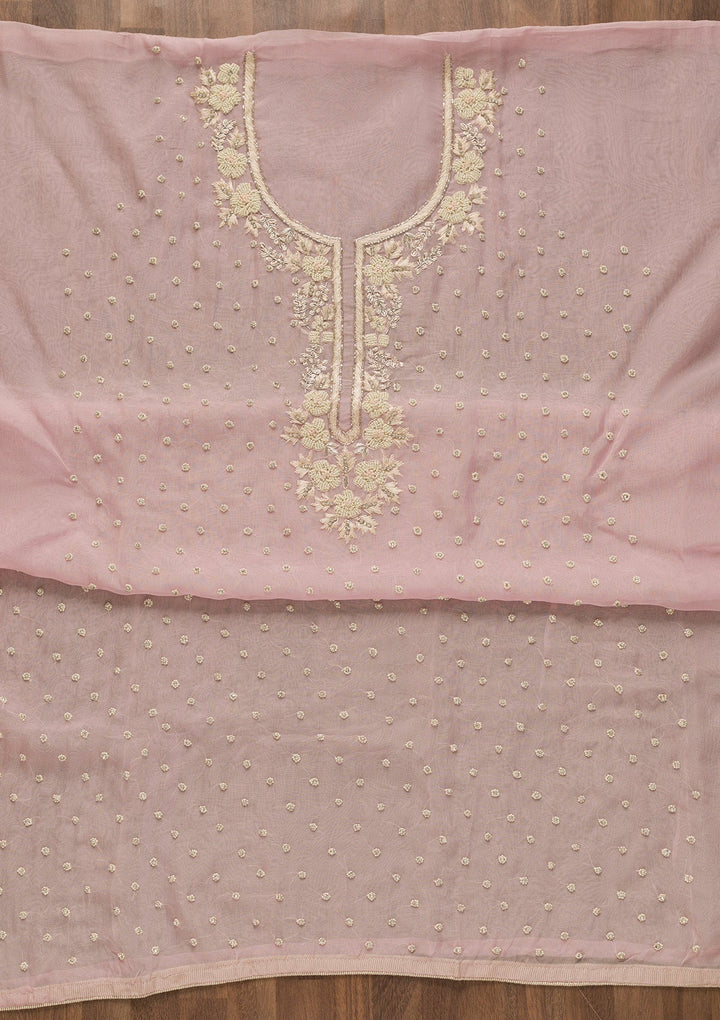Baby Pink Sequins Organza Unstitched Salwar Kameez-Koskii