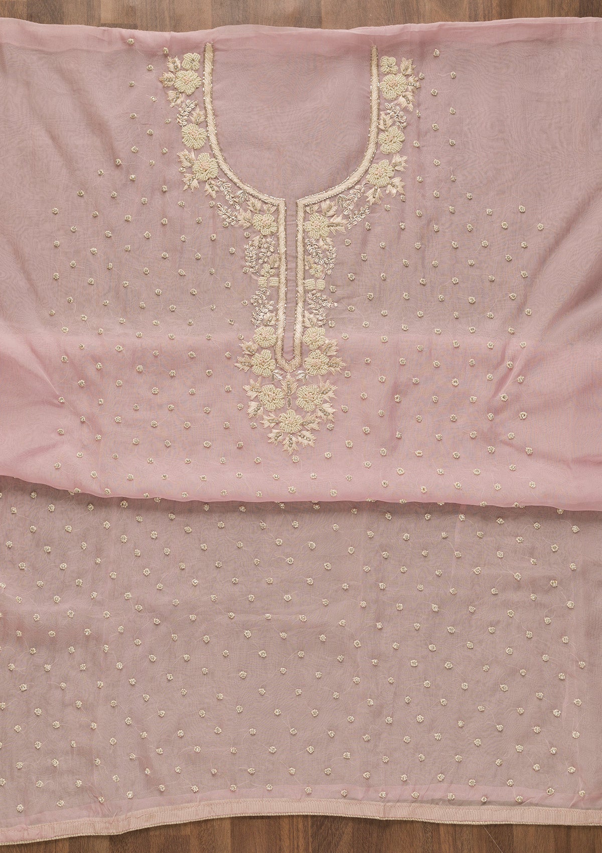Baby Pink Sequins Organza Unstitched Salwar Kameez-Koskii