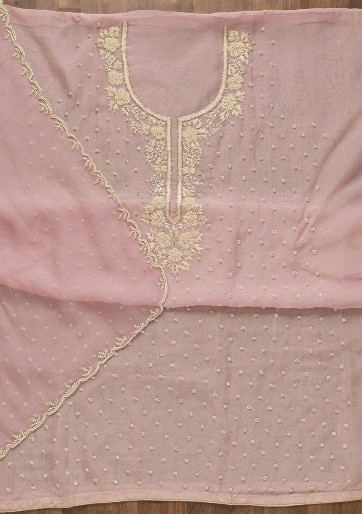 Baby Pink Sequins Organza Unstitched Salwar Kameez-Koskii