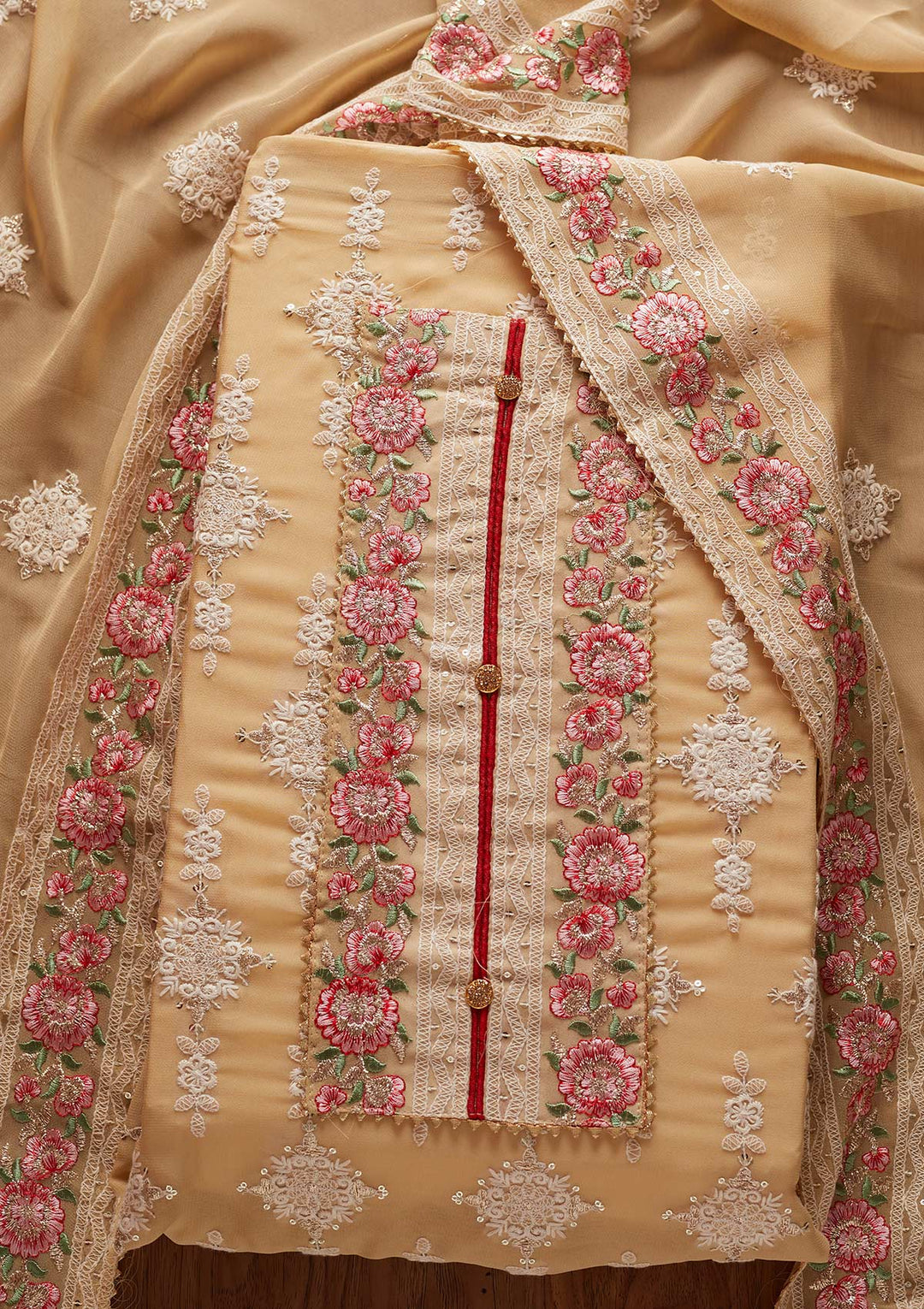 Beige Chikankari Georgette Designer Unstitched Salwar Suit - koskii