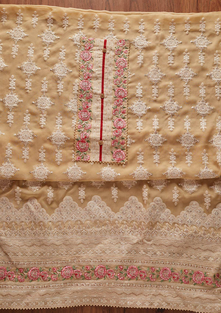 Beige Chikankari Georgette Designer Unstitched Salwar Suit - koskii