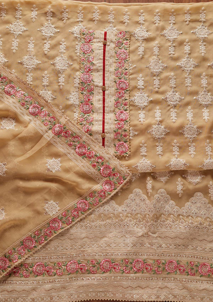 Beige Chikankari Georgette Designer Unstitched Salwar Suit - koskii