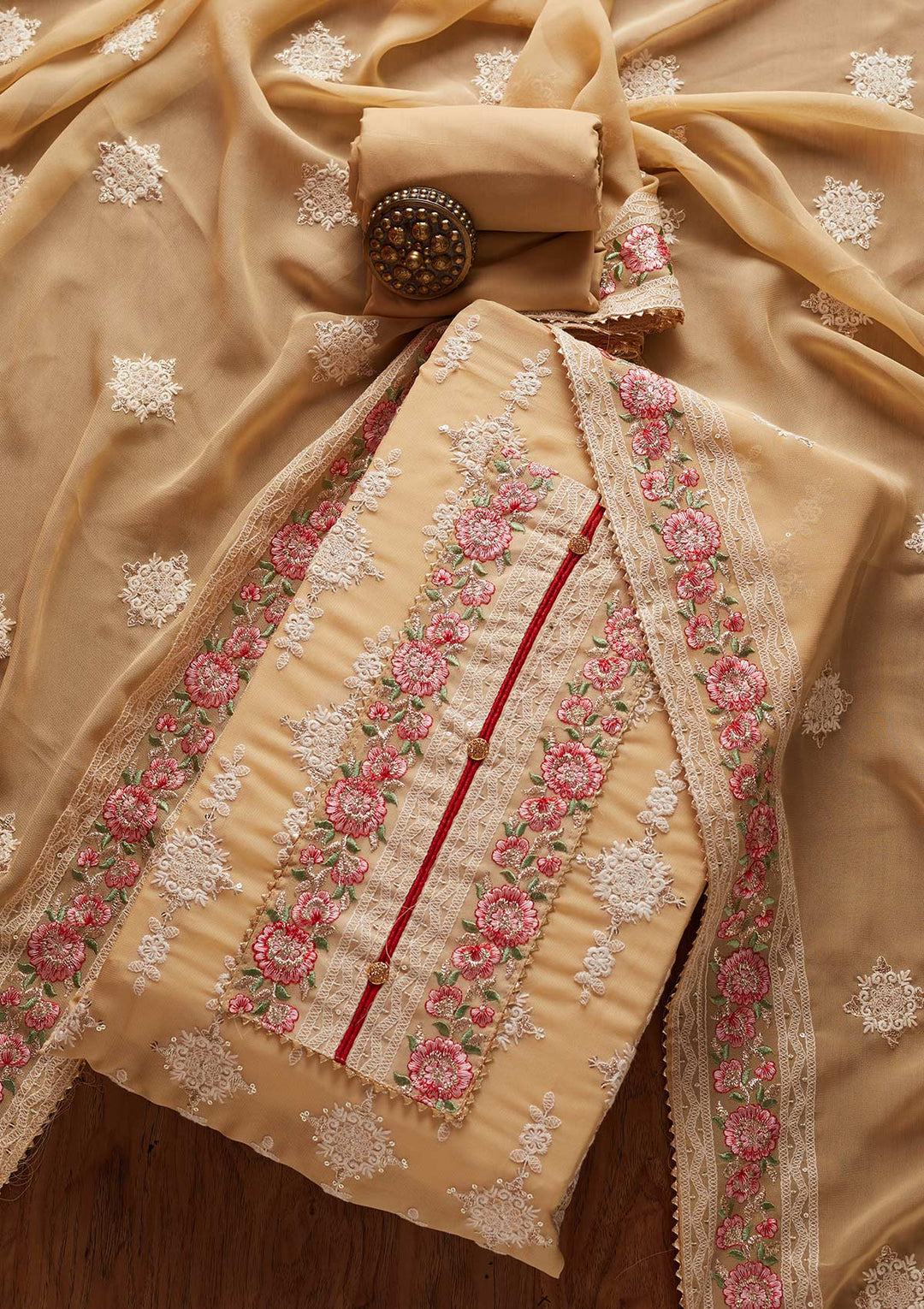 Beige Chikankari Georgette Designer Unstitched Salwar Suit - koskii