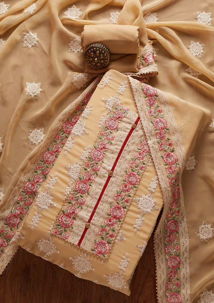 Beige Chikankari Georgette Designer Unstitched Salwar Suit - koskii
