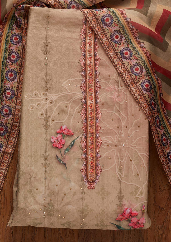 Beige Cutdana Art Silk Designer Unstitched Salwar Suit - koskii