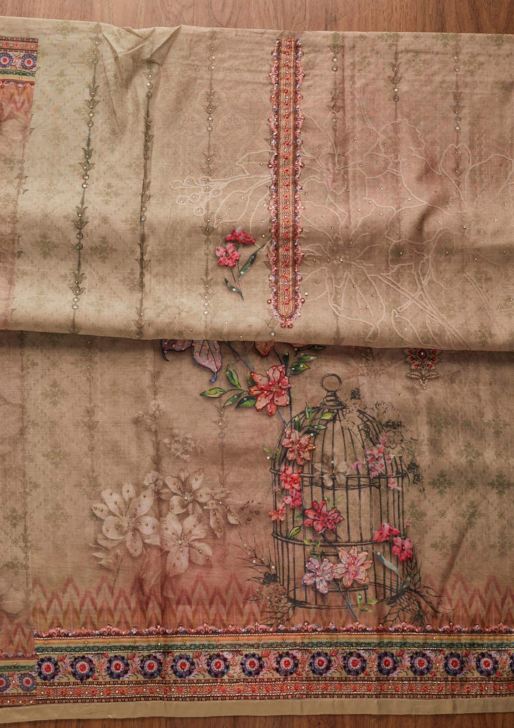 Beige Cutdana Art Silk Designer Unstitched Salwar Suit - koskii