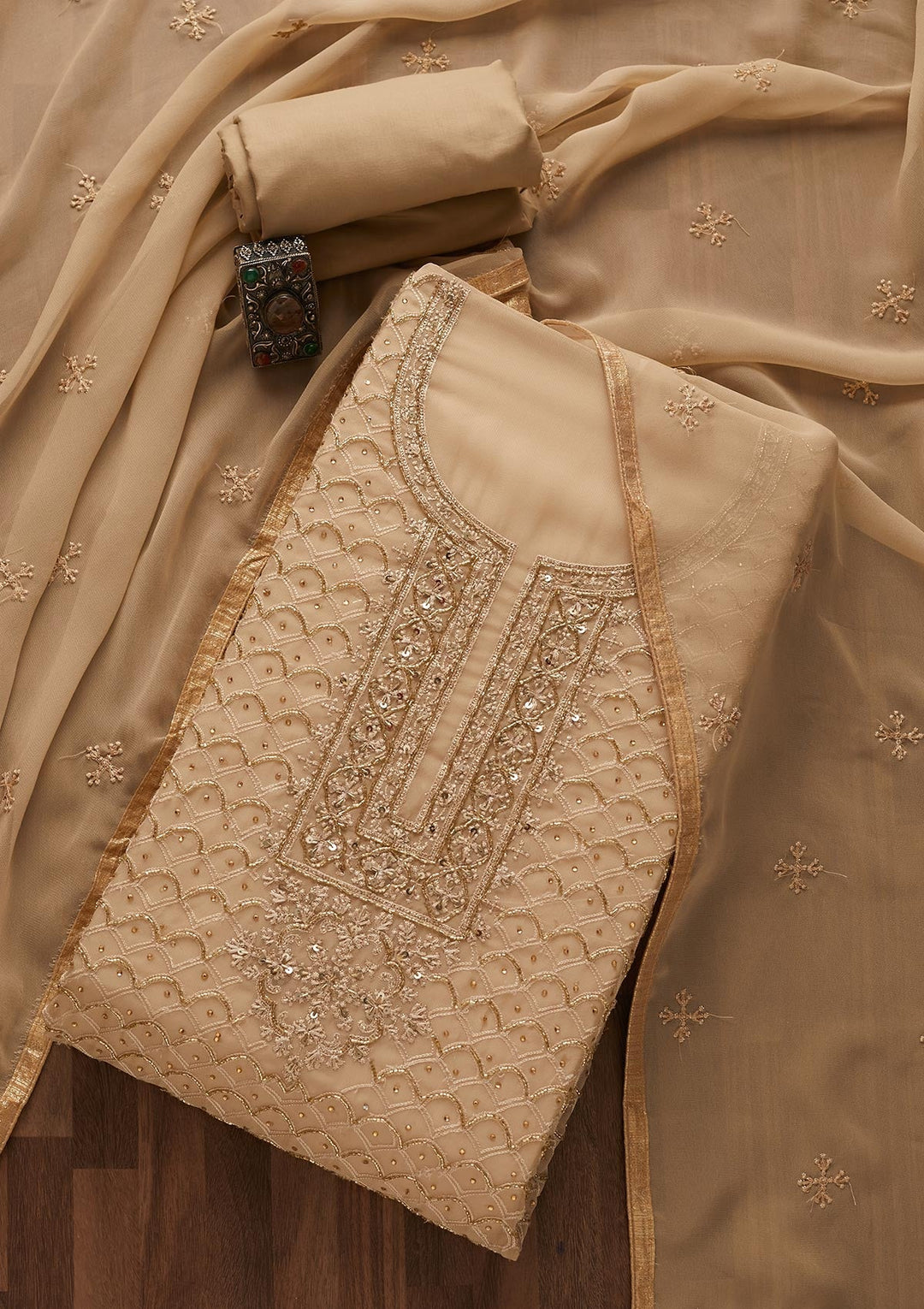 Beige Cutdana Georgette Designer Unstitched Salwar Suit - Koskii