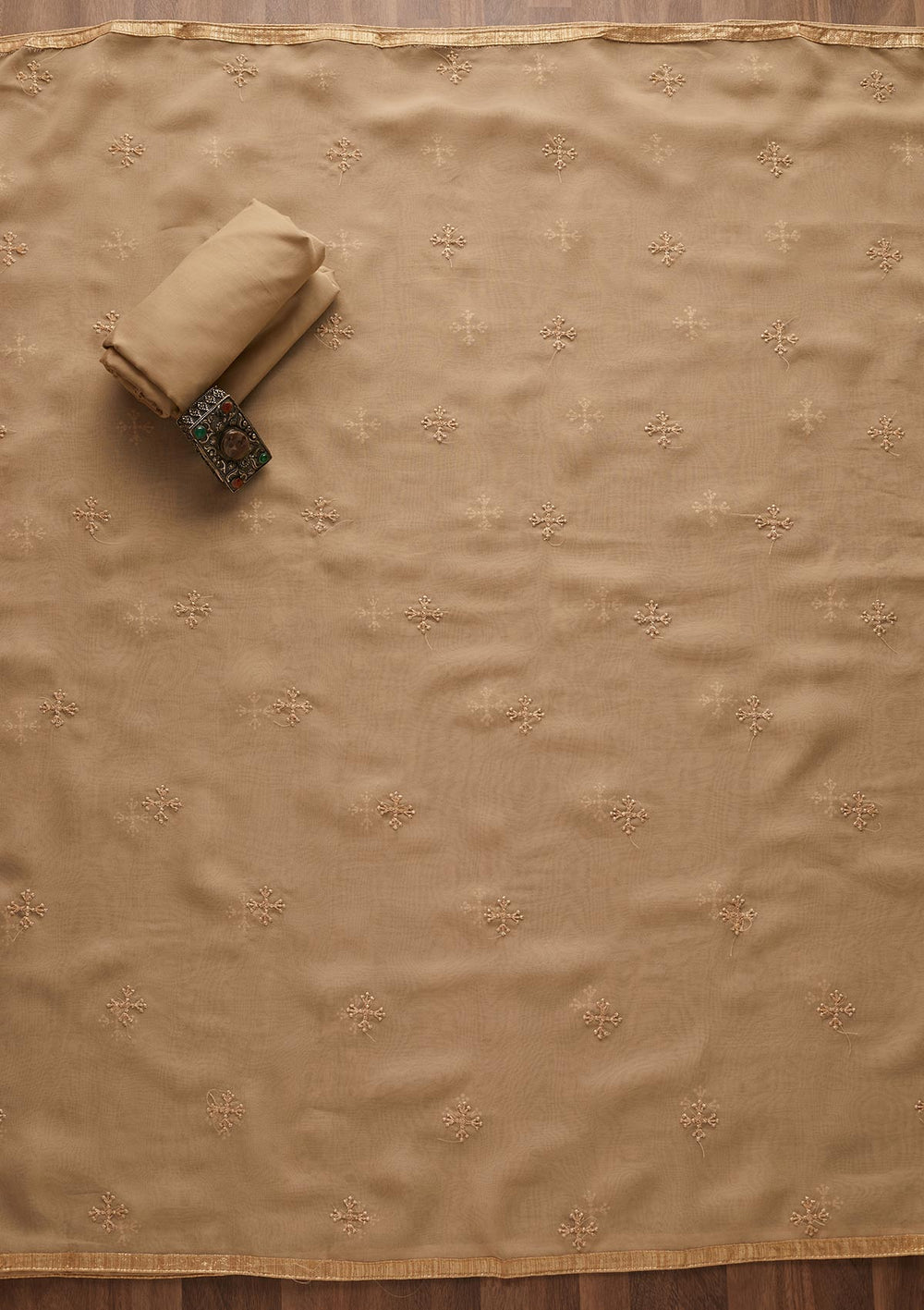 Beige Cutdana Georgette Designer Unstitched Salwar Suit - Koskii