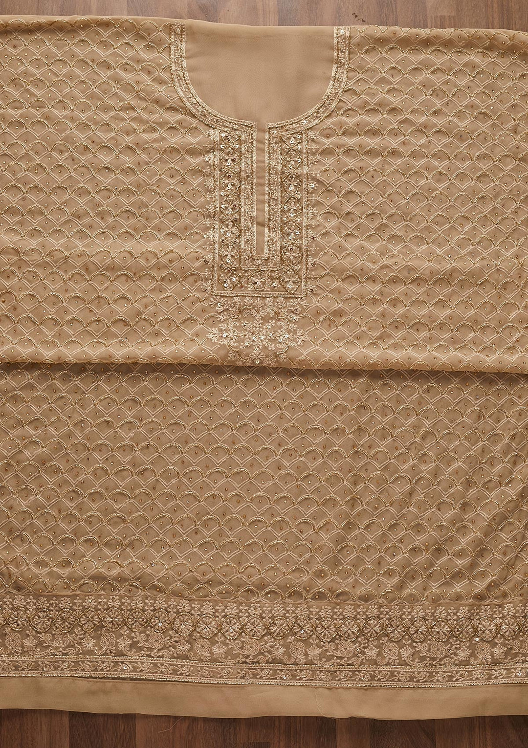 Beige Cutdana Georgette Designer Unstitched Salwar Suit - Koskii
