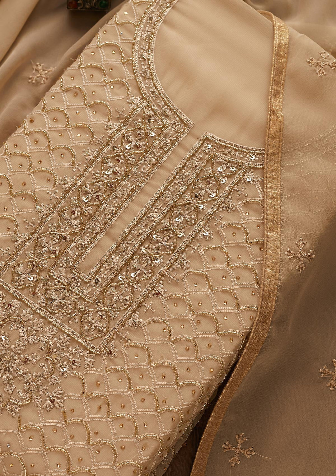 Beige Cutdana Georgette Designer Unstitched Salwar Suit - Koskii