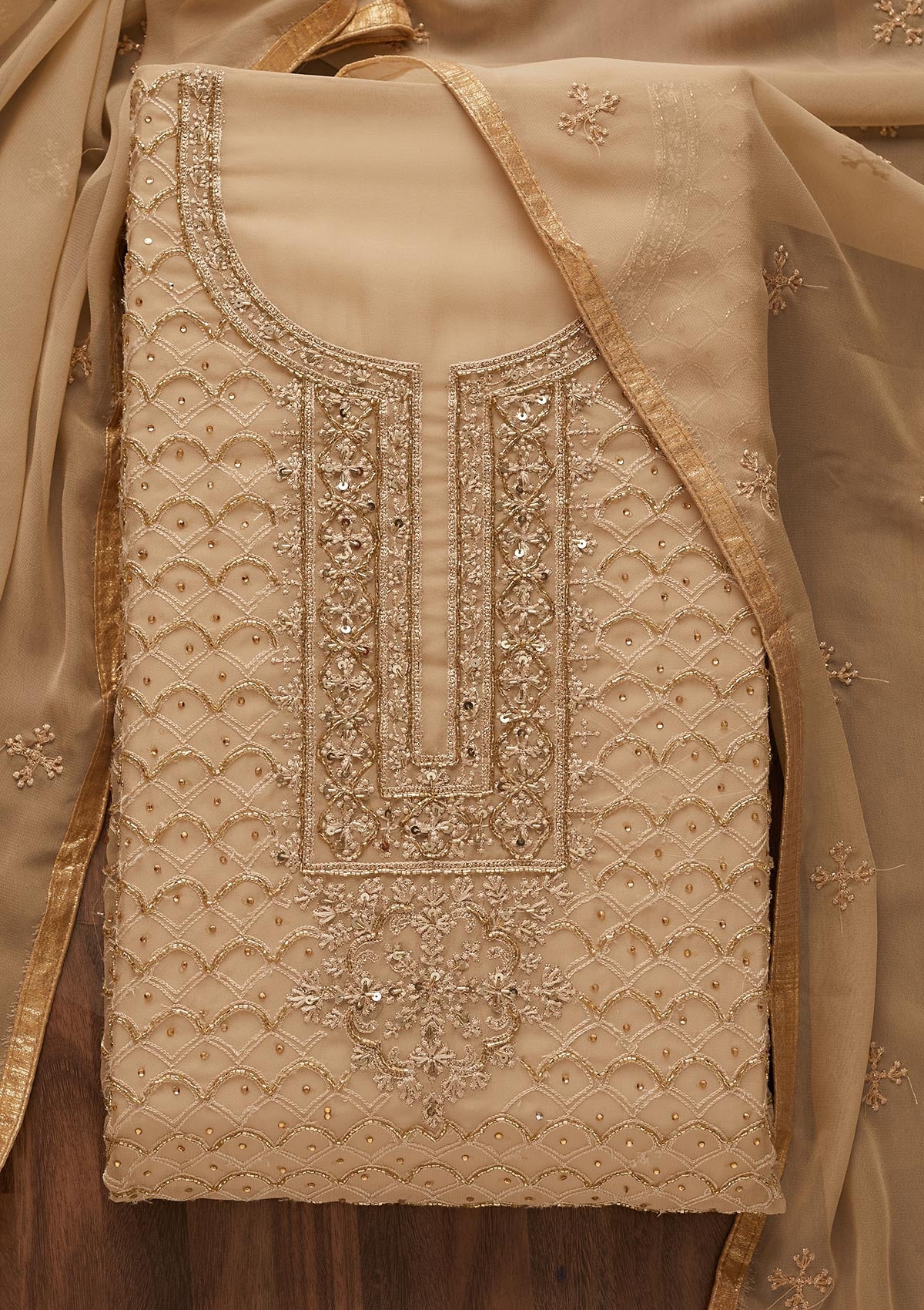 Beige Cutdana Georgette Designer Unstitched Salwar Suit - Koskii