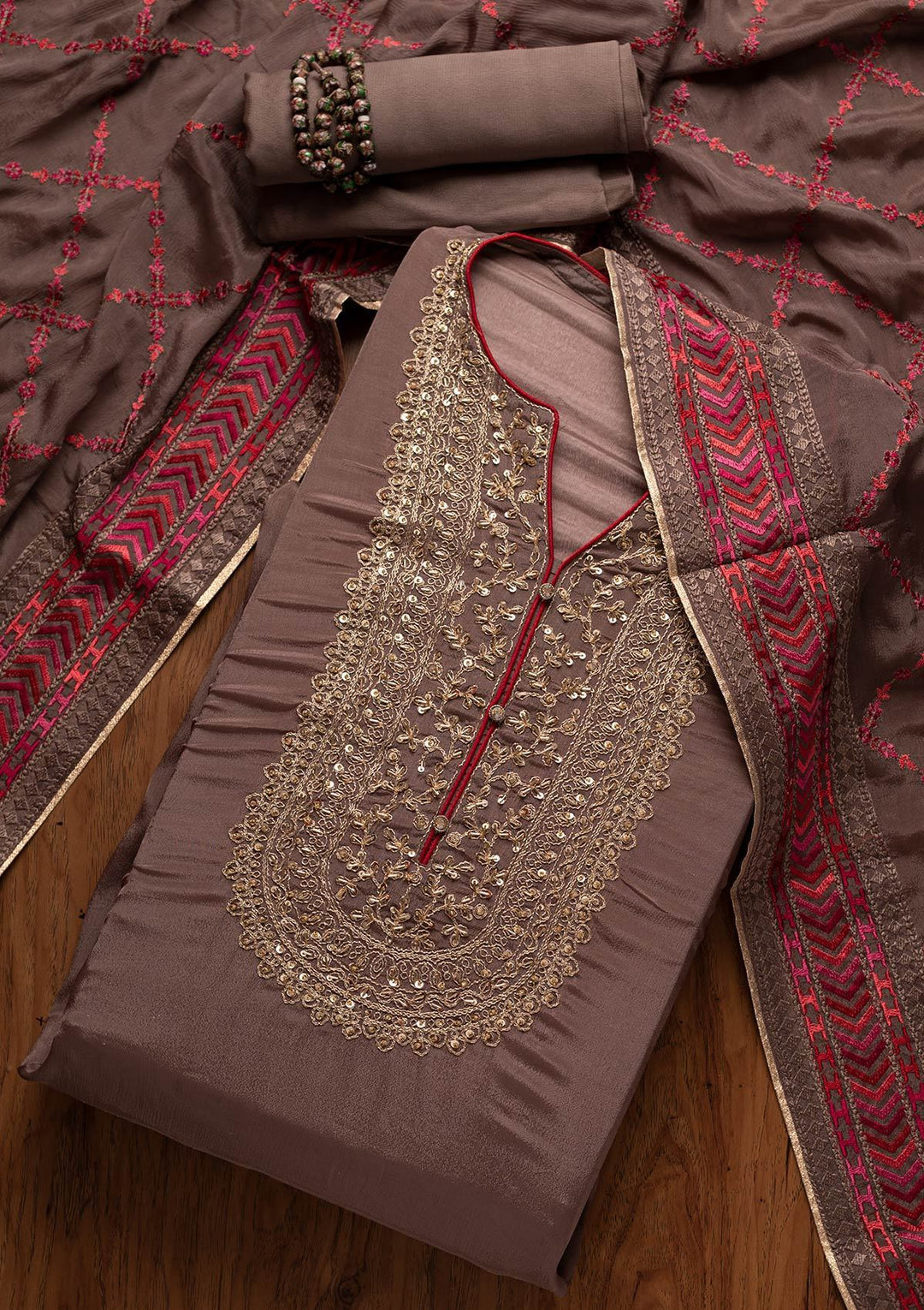 Beige Cutdana Semi Crepe Designer Semi-Stitched Salwar Suit - koskii
