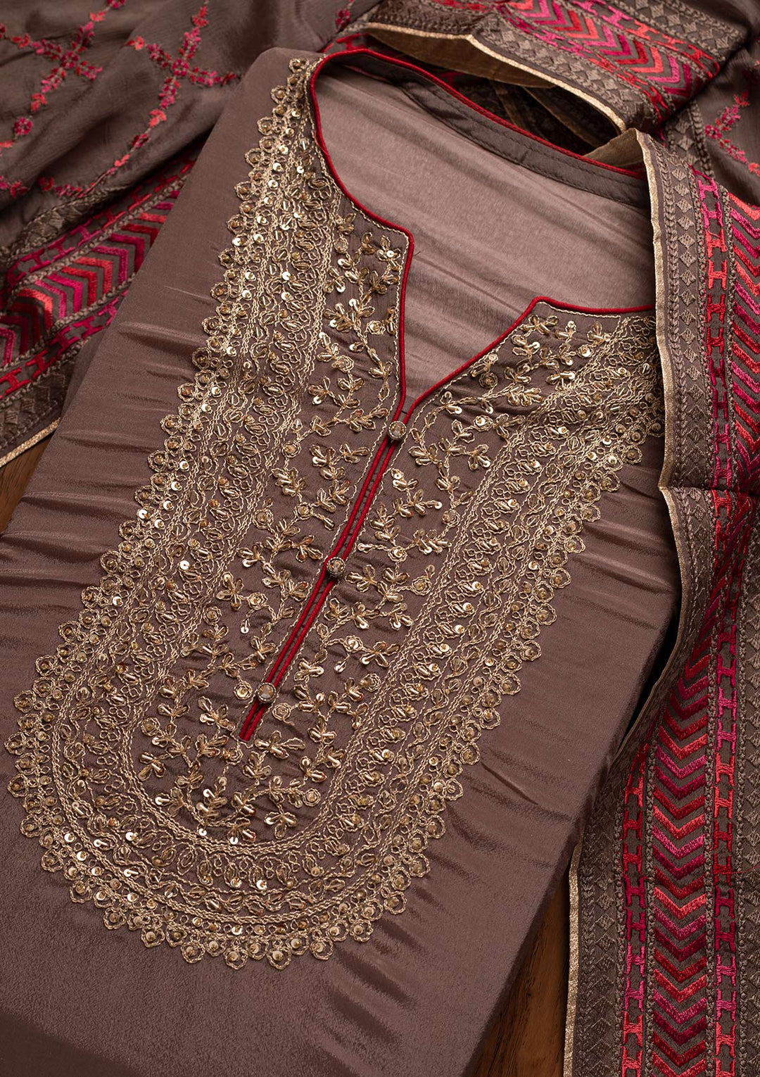 Beige Cutdana Semi Crepe Designer Semi-Stitched Salwar Suit - koskii