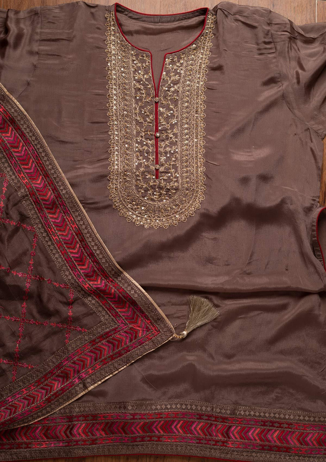 Beige Cutdana Semi Crepe Designer Semi-Stitched Salwar Suit - koskii
