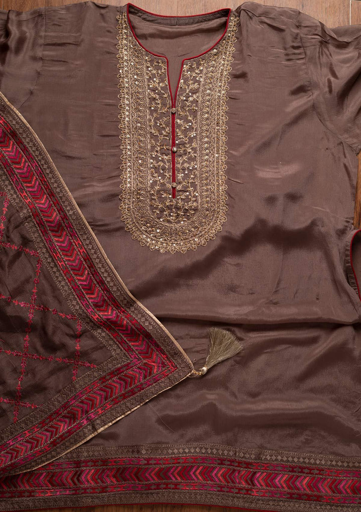 Beige Cutdana Semi Crepe Designer Semi-Stitched Salwar Suit - koskii