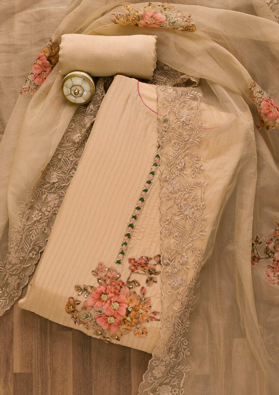 Beige Cutdana Semi Crepe Unstitched Salwar Kameez-Koskii