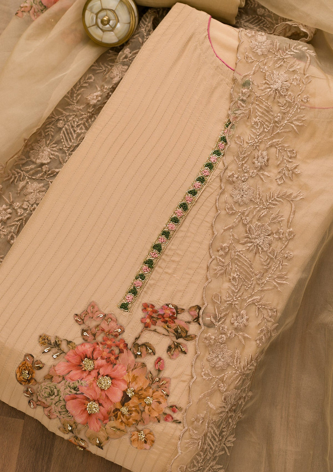 Beige Cutdana Semi Crepe Unstitched Salwar Kameez-Koskii