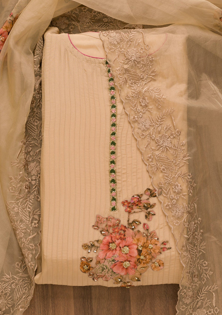Beige Cutdana Semi Crepe Unstitched Salwar Kameez-Koskii