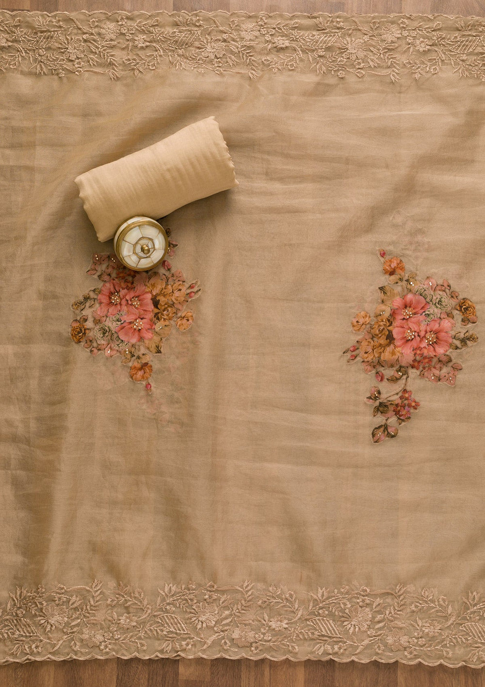 Beige Cutdana Semi Crepe Unstitched Salwar Kameez-Koskii