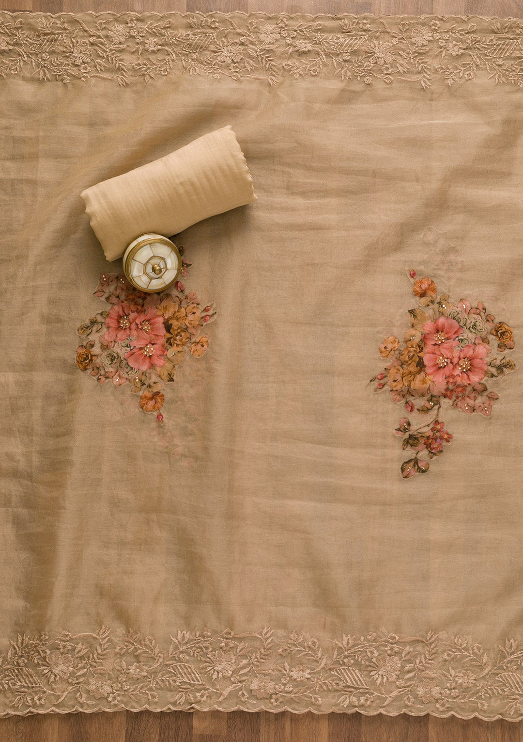 Beige Cutdana Semi Crepe Unstitched Salwar Kameez-Koskii