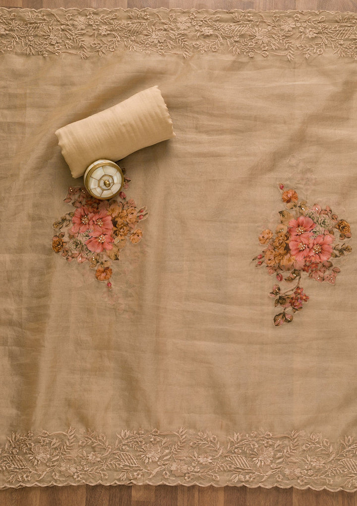 Beige Cutdana Semi Crepe Unstitched Salwar Kameez-Koskii