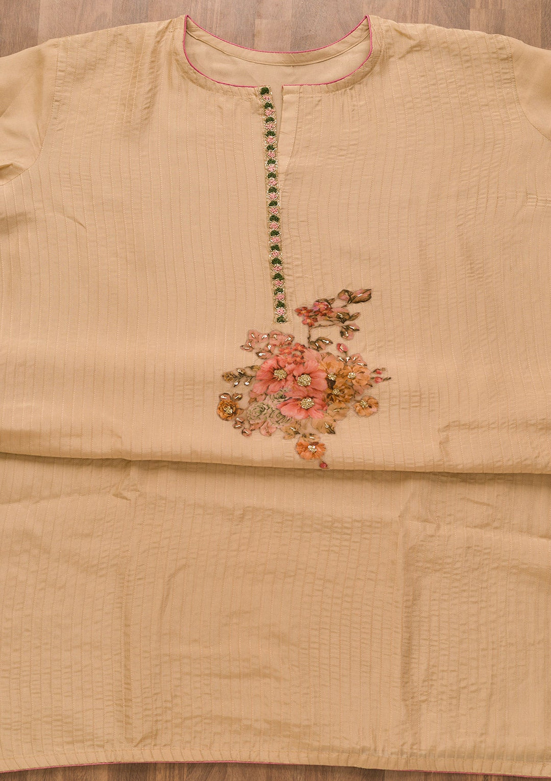 Beige Cutdana Semi Crepe Unstitched Salwar Kameez-Koskii