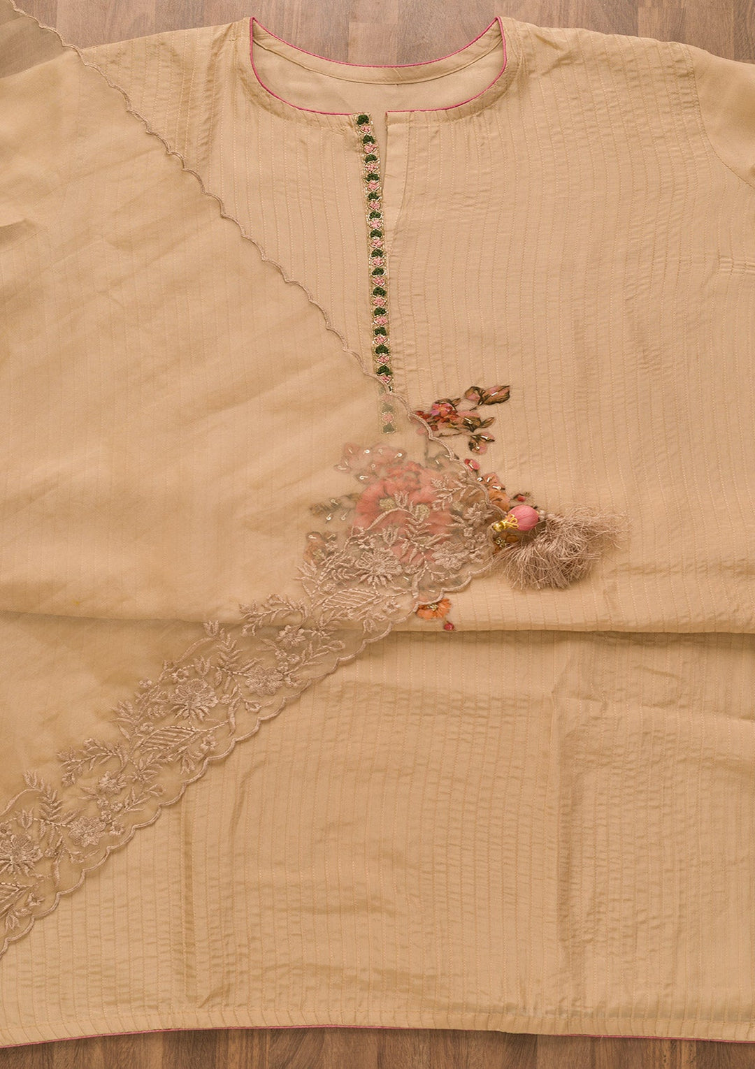 Beige Cutdana Semi Crepe Unstitched Salwar Kameez-Koskii
