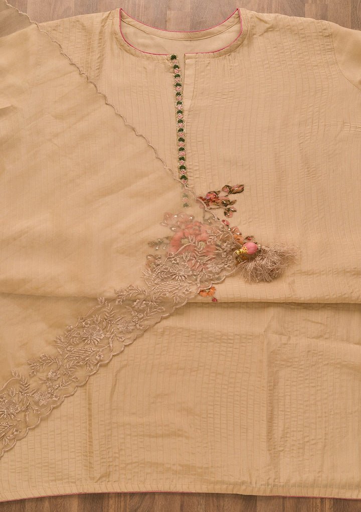 Beige Cutdana Semi Crepe Unstitched Salwar Kameez-Koskii