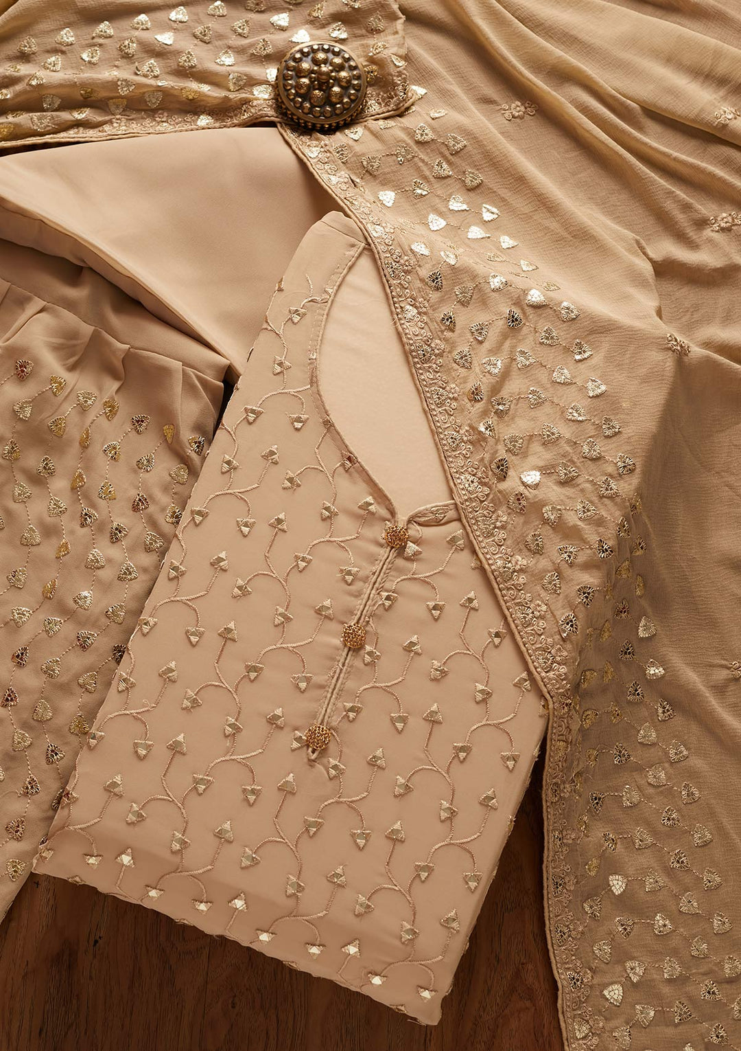 Beige Gotapatti Georgette Designer Unstitched Salwar Suit - koskii