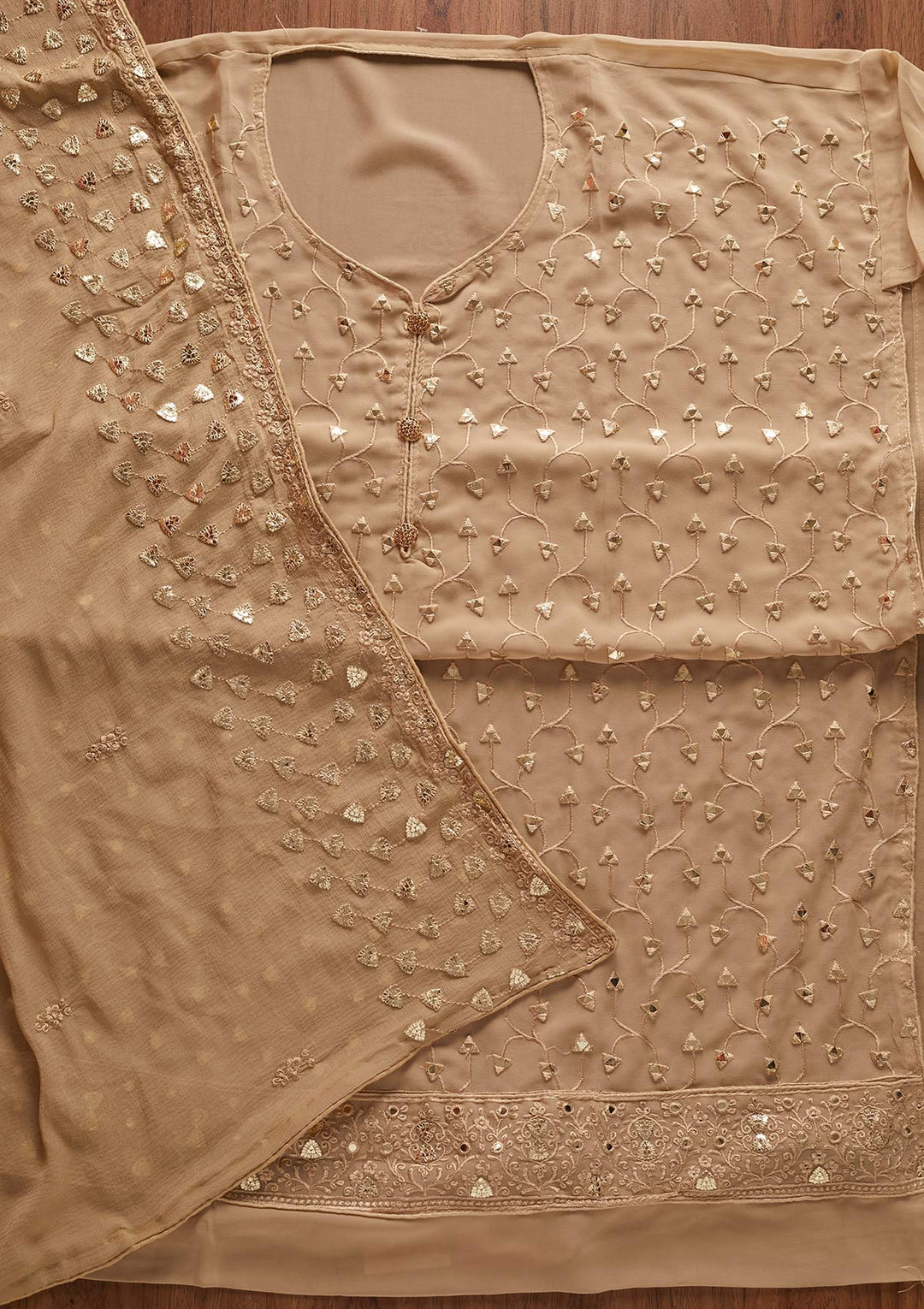 Beige Gotapatti Georgette Designer Unstitched Salwar Suit - koskii