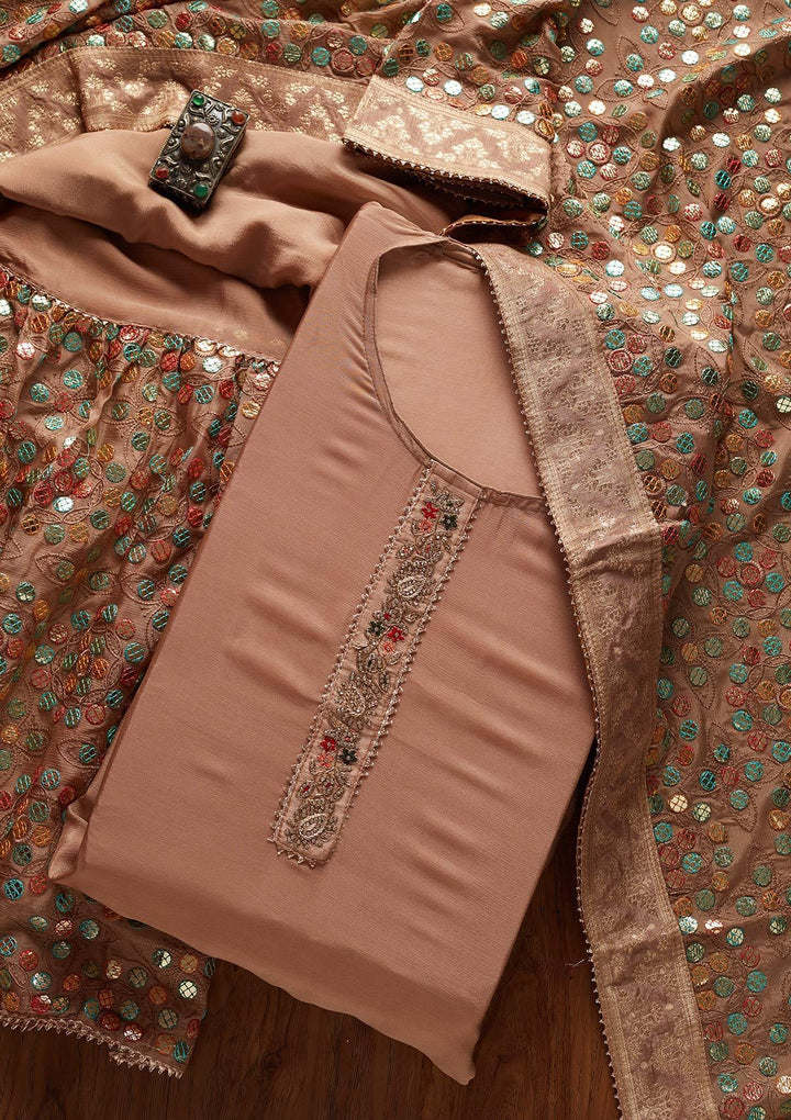 Beige Gotapatti Semi Crepe Designer Semi-Stitched Salwar Suit - koskii