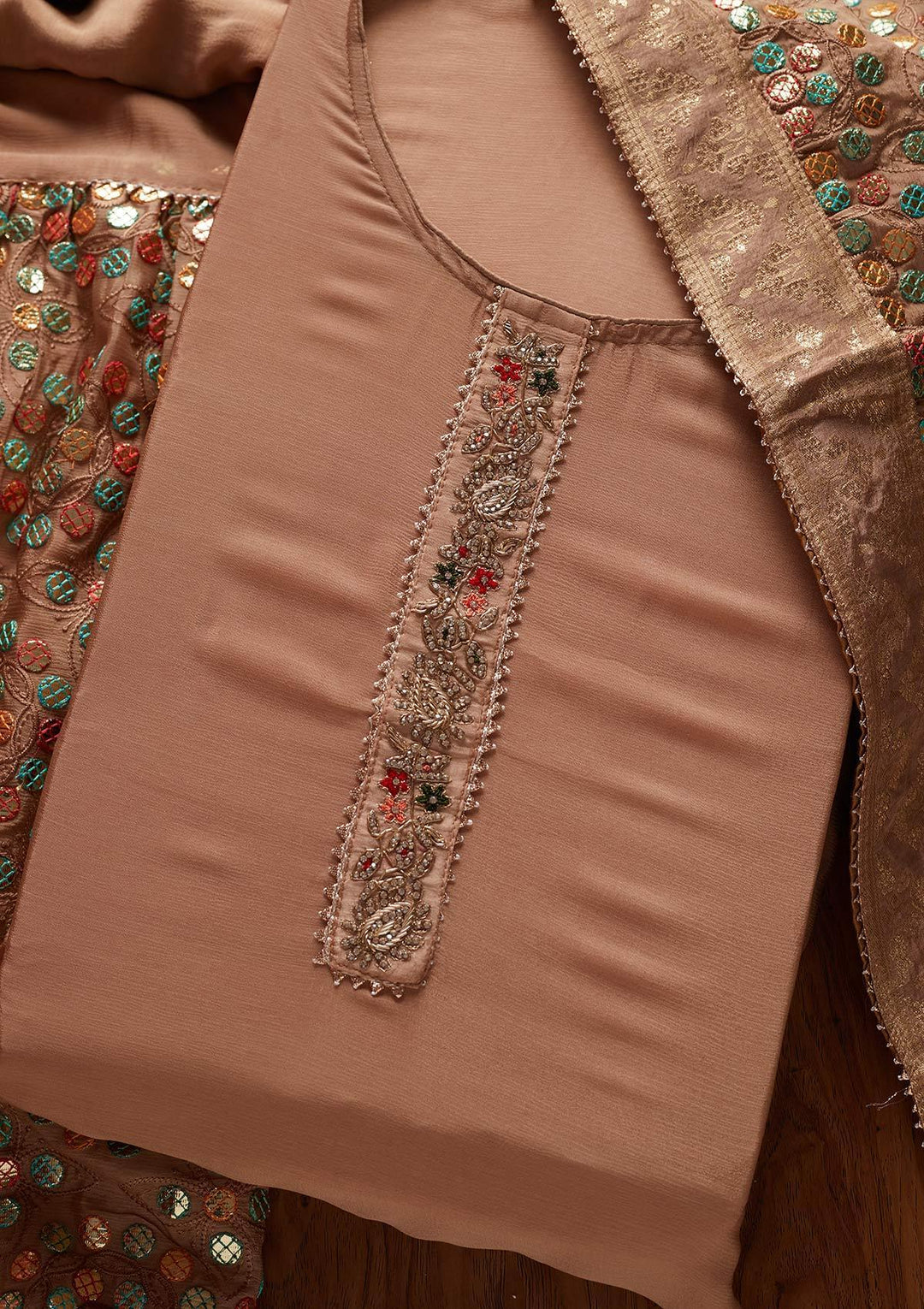 Beige Gotapatti Semi Crepe Designer Semi-Stitched Salwar Suit - koskii