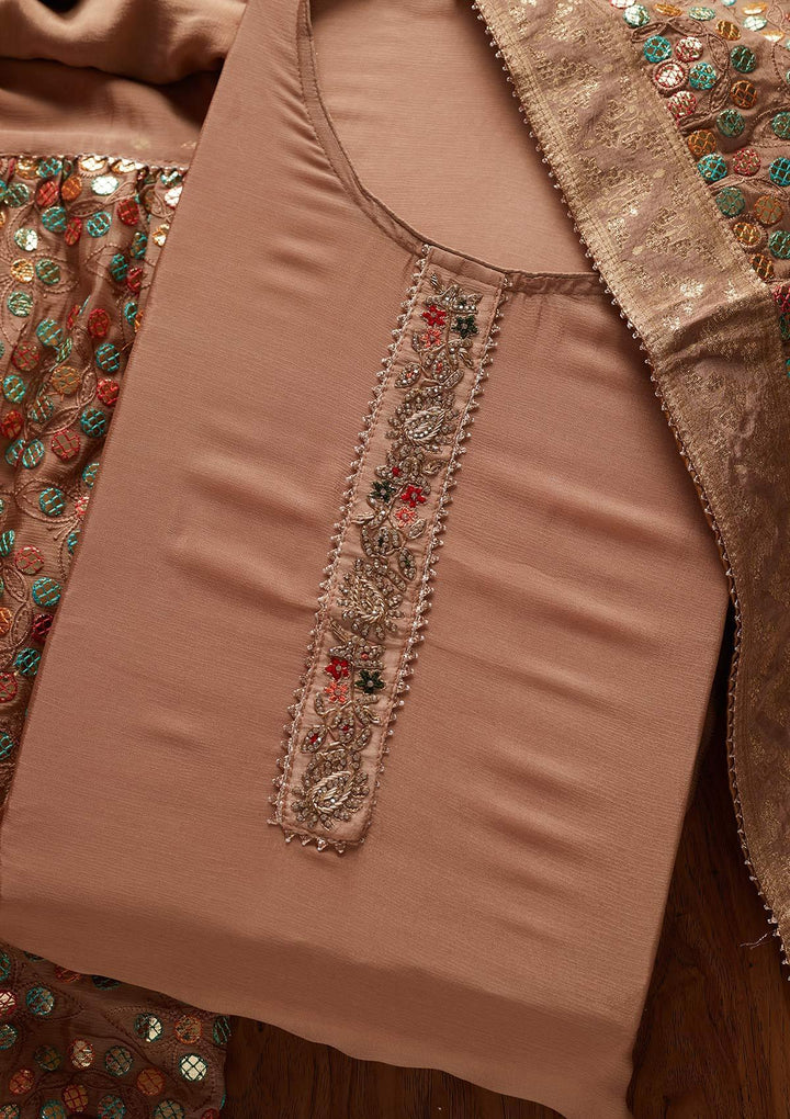 Beige Gotapatti Semi Crepe Designer Semi-Stitched Salwar Suit - koskii