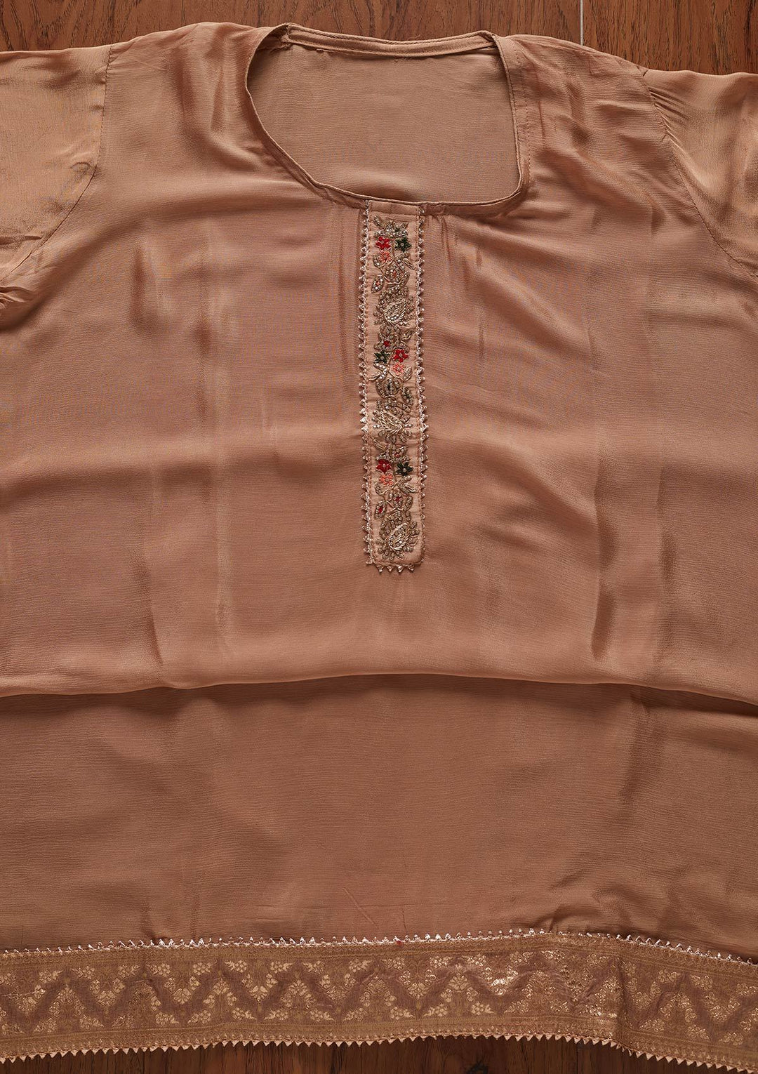 Beige Gotapatti Semi Crepe Designer Semi-Stitched Salwar Suit - koskii
