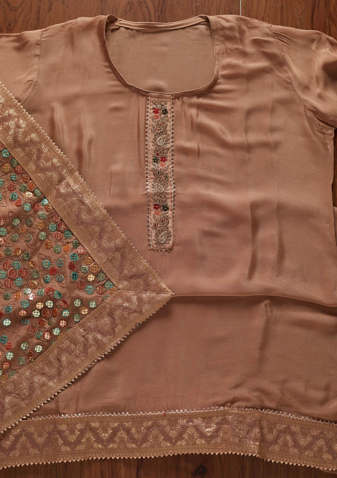 Beige Gotapatti Semi Crepe Designer Semi-Stitched Salwar Suit - koskii