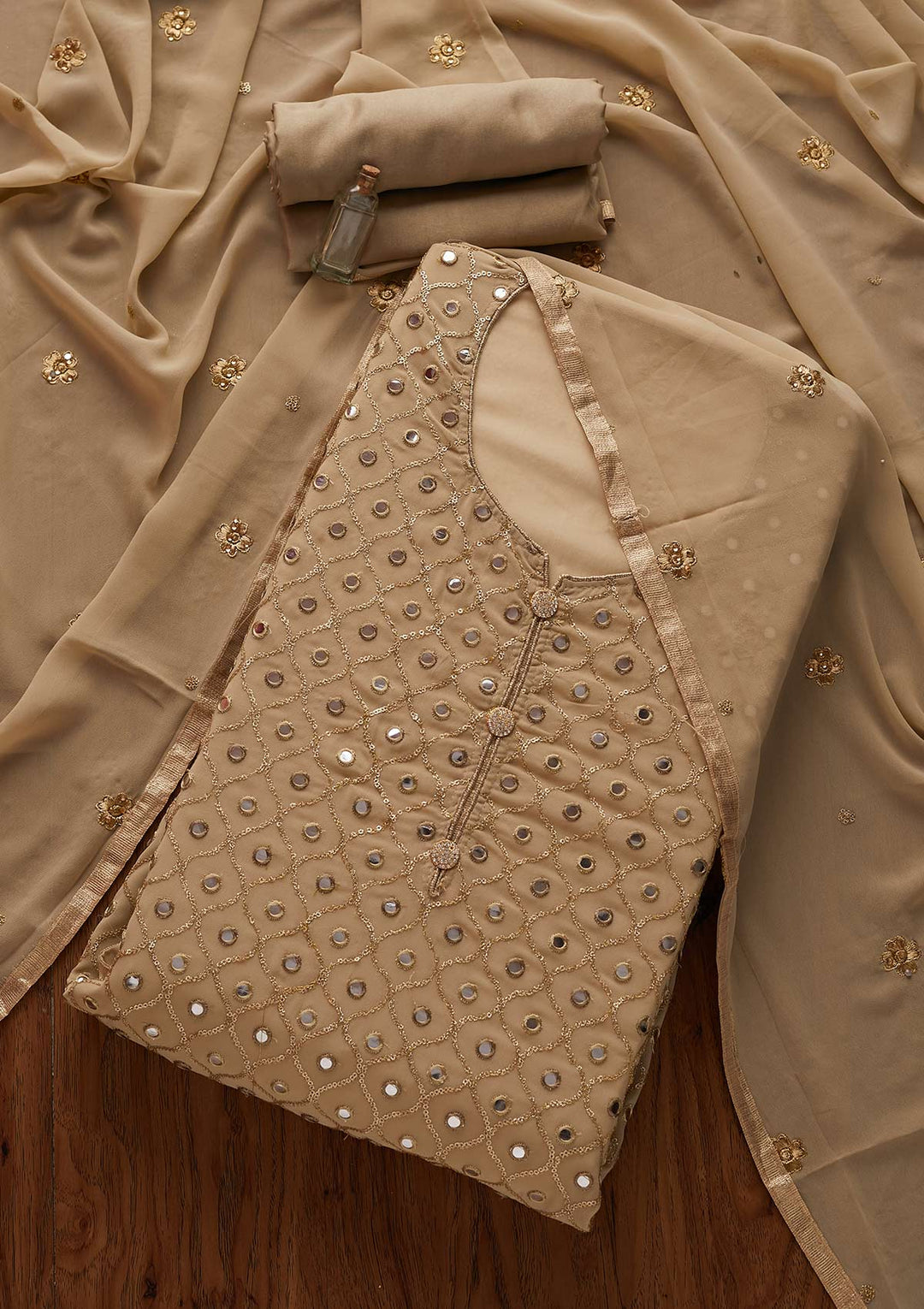 Beige Mirrorwork Georgette Designer Semi-Stitched Salwar Suit - Koskii