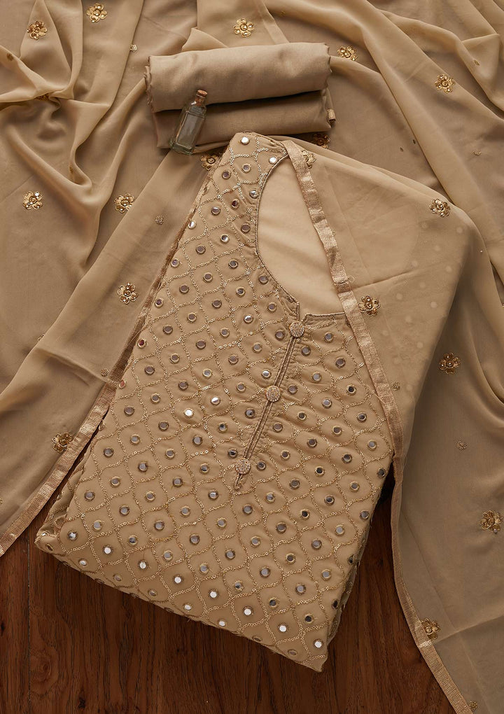 Beige Mirrorwork Georgette Designer Semi-Stitched Salwar Suit - Koskii