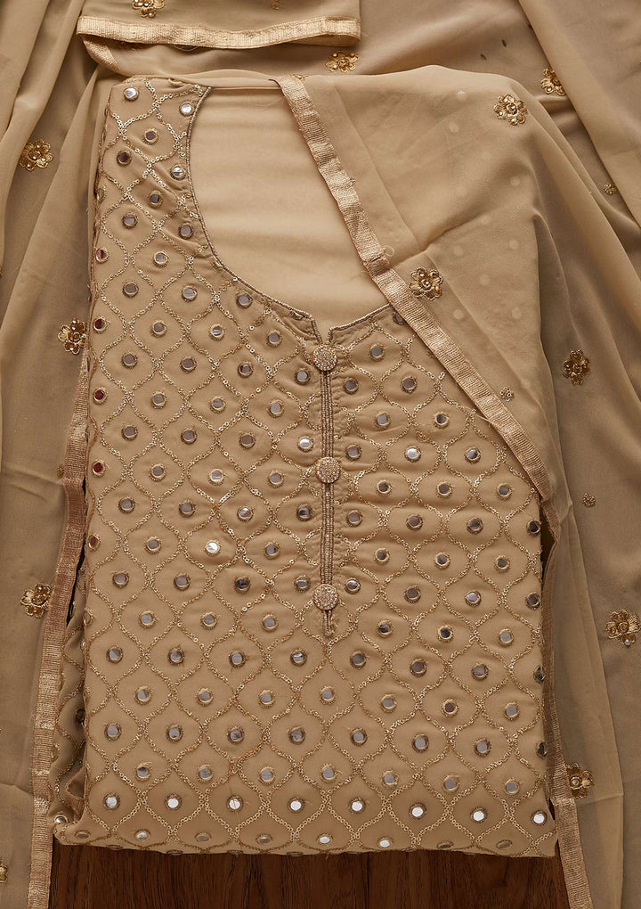 Beige Mirrorwork Georgette Designer Semi-Stitched Salwar Suit - Koskii