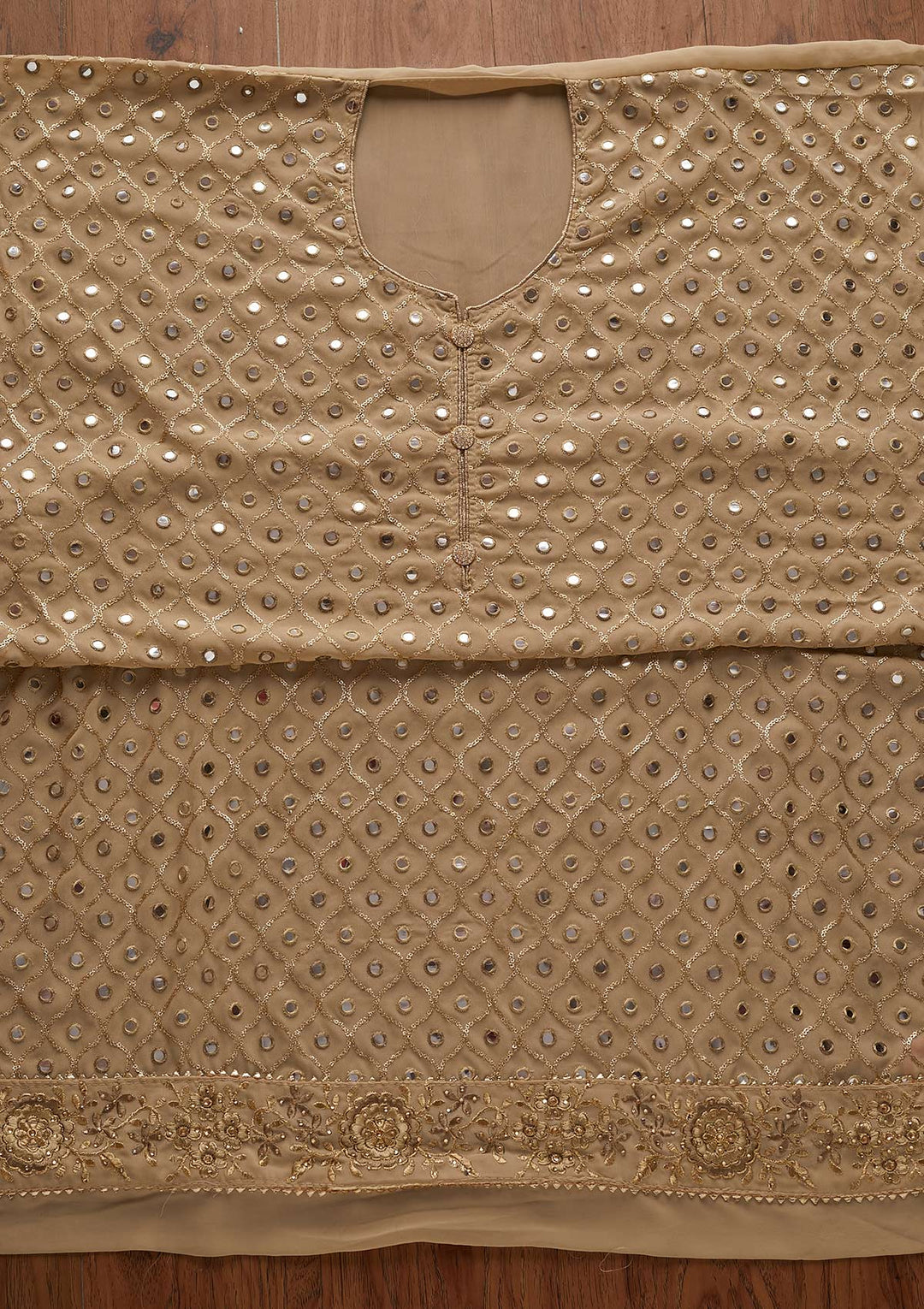 Beige Mirrorwork Georgette Designer Semi-Stitched Salwar Suit - Koskii