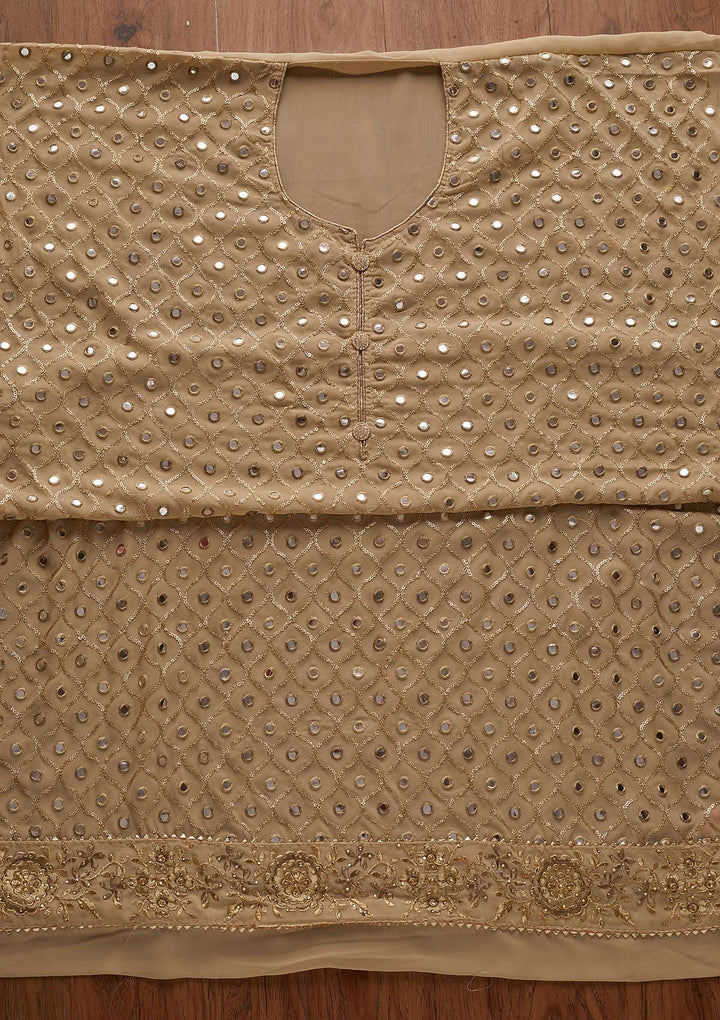 Beige Mirrorwork Georgette Designer Semi-Stitched Salwar Suit - Koskii
