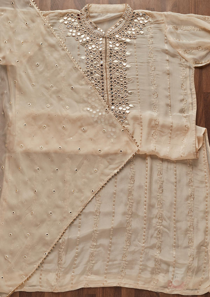 Beige Mirrorwork Georgette Designer Unstitched Salwar Suit - Koskii