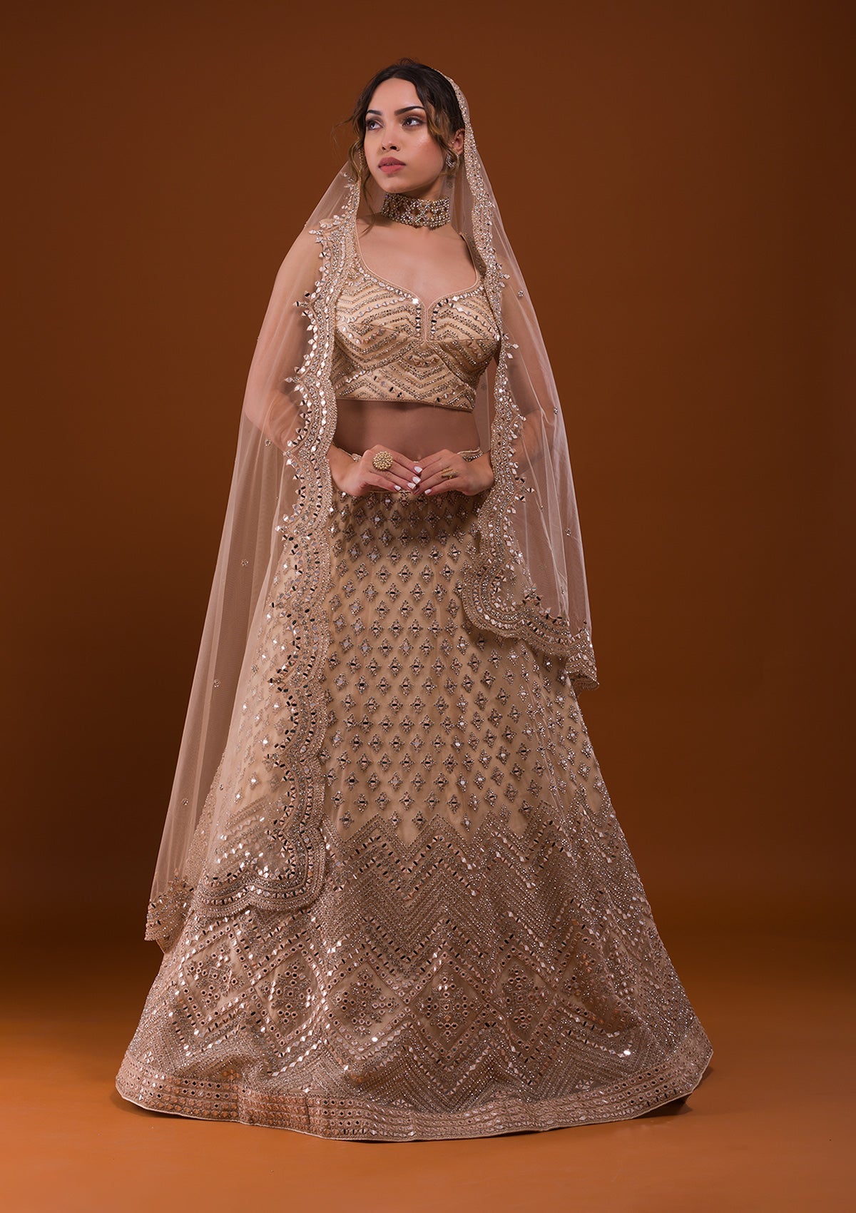 Beige Mirrorwork Net Designer Lehenga-Koskii