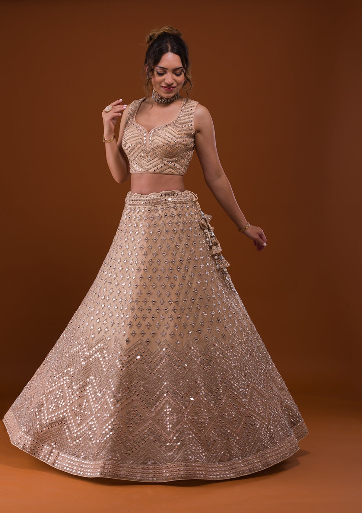 Beige Mirrorwork Net Designer Lehenga-Koskii