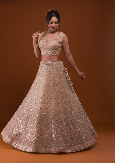 Beige Mirrorwork Net Designer Lehenga-Koskii