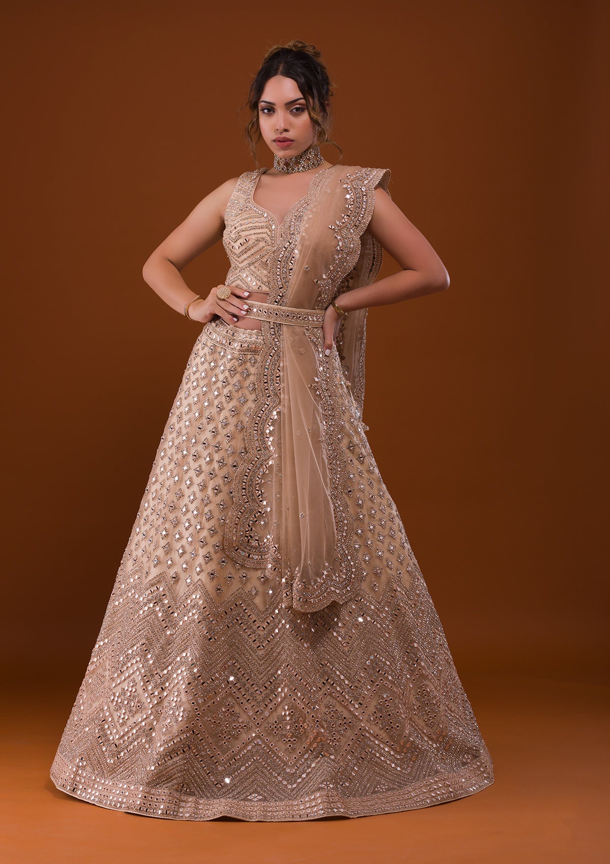 Beige Mirrorwork Net Designer Lehenga-Koskii
